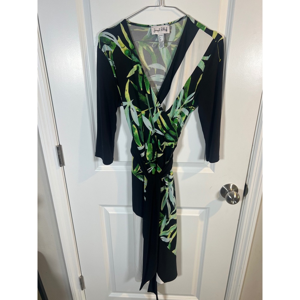 Joseph Ribkoff Womens Faux Wrap Dress Tropical Leaf Print Black Green Size 10